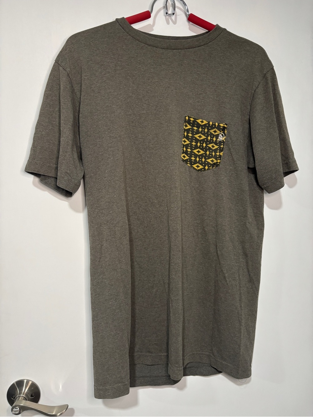 Volcom Olive Short Sleeve Tee with Yellow Patterned Pocket